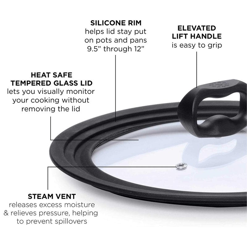 Ecolution Universal Lid for Pots and Pans, Fits 9.5-Inch to 12-Inch Cookware, Tempered Glass Replacement Lid with Heat Resistant Silicone Edge, Dishwasher Safe, Made without BPA, Large, Black