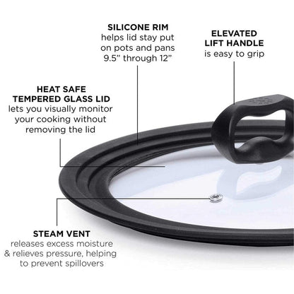 Ecolution Universal Lid for Pots and Pans, Fits 9.5-Inch to 12-Inch Cookware, Tempered Glass Replacement Lid with Heat Resistant Silicone Edge, Dishwasher Safe, Made without BPA, Large, Black