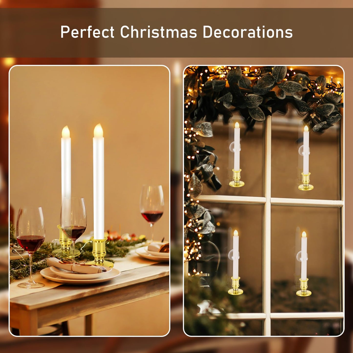 Qmioti 8 Pack Christmas Window Candles, Battery Operated Window Candles with Timer Remote, LED Window Candle with Candle Holders Suction Cupsfor Christmas Decorations, Gold