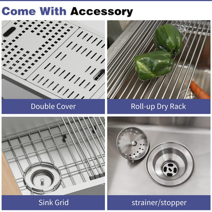 24x18 Inch Kitchen Sink With Dual Cover-Stainless Steel Undermount Single Bowl Kitchen Sink Built-in Ledge Drop In Workstation Sink Fully Covering Sink To Create Temporary Workspace/Drainage Area
