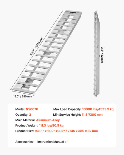 VEVOR Loading Ramps, 2 Pcs 108 x 15 in, Durable Aluminum and Heavy-Duty Trailer Ramp Set with Anti-Slip Plates, 10000 Lbs Combined Capacity, for Carts, Farm Tractors, ATVs, Lawn Mowers, Motorcycles