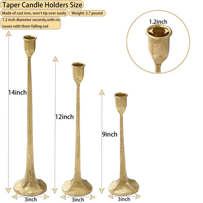 Gold Taper Candle Holders Set of 3, Heavy Candlestick Holders Decorative Candle Stand for Table Centerpiece, Cast Iron Candle Stick Holder Decor