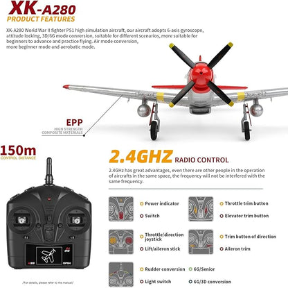 Large 560MM P51 P-51D Mustang Remote Control Combat Aircraft 4CH XK A280 3D/6G Aerobatic LED Brushless RC Aircraft Full-Function for Professional Players (1-Battery)