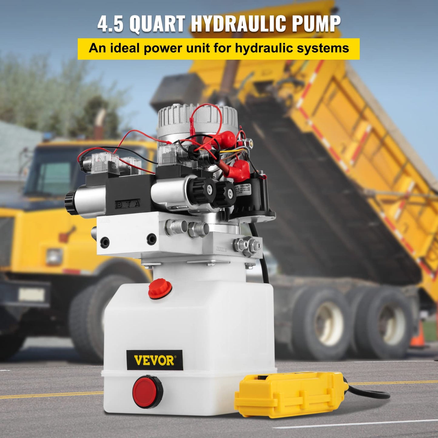 VEVOR Hydraulic Pump Double Acting 4 Way Hydraulic Power Unit Double Solenoid Hydraulic Power Pack 12V DC Hydraulic Power Pump with 4.5Liter Reservoir for Dump Trailer Car Lifting