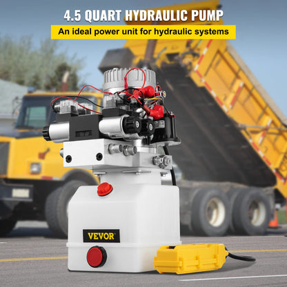 VEVOR Hydraulic Pump Double Acting 4 Way Hydraulic Power Unit Double Solenoid Hydraulic Power Pack 12V DC Hydraulic Power Pump with 4.5Liter Reservoir for Dump Trailer Car Lifting