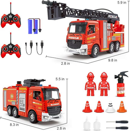 Remote Control Fire Truck RC Fire Truck Toy Set 2 Firetruck with Fire Extinguisher 2 Dolls 4 Traffic Cones Lights Sounds Extendable Rescue Ladder Firetruck Toy for Boys Kids