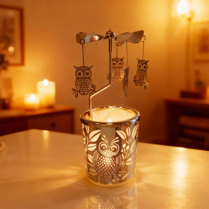 Carousel Rotary Candle Holder Spinning Birthday Gifts for Women, Mom, Wife, Girlfriend, Sister, Her, Metal Windmill Tea Light for Female Friends (Silver owl)