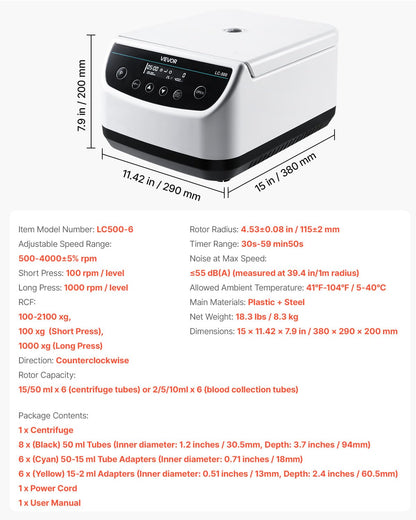 VEVOR Centrifuge Machine, 100-2100xg RCF Electric Laboratory Centrifuge Machine with 1 Rotor for 2/5/10/15/50ml Tube Capacity, Low Speed 500-4000rpm with Timer, Widely Used in Various Experiments