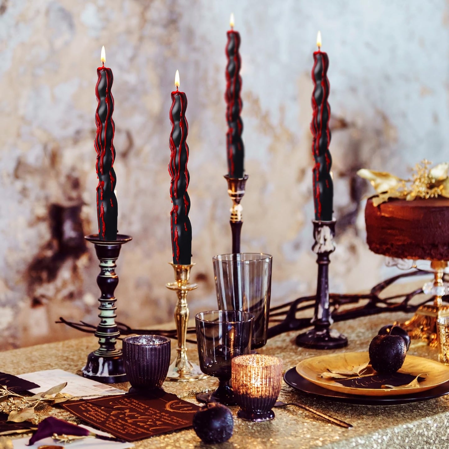 Zhengmy 4 Pcs Black Bleeding Candles Christmas Goth Decor Vampire Tears Spiral Taper Candle Blood Drip Spooky Gothic 7 Inch Twisted Dinner Candlestick for Party Table Decor