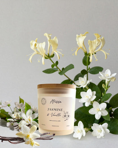 ATRISSA Jasmine Vanilla Soy Candle 8oz – Floral and Sweet Fragrance, Hand-Poured in USA