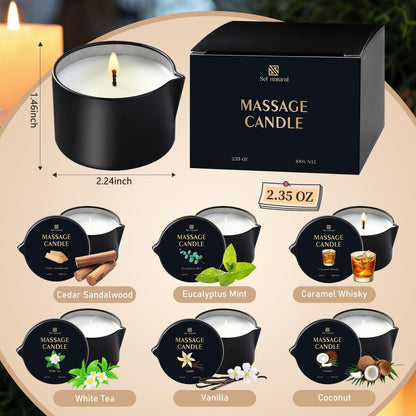 6 Pack Massage Oil Candles 2.35 oz Low Temp Soy Massage Candles 6 Scent Spa Therapy Body Oil Home Valentine's Day Gift for Relaxation, Couples, or Self-Care