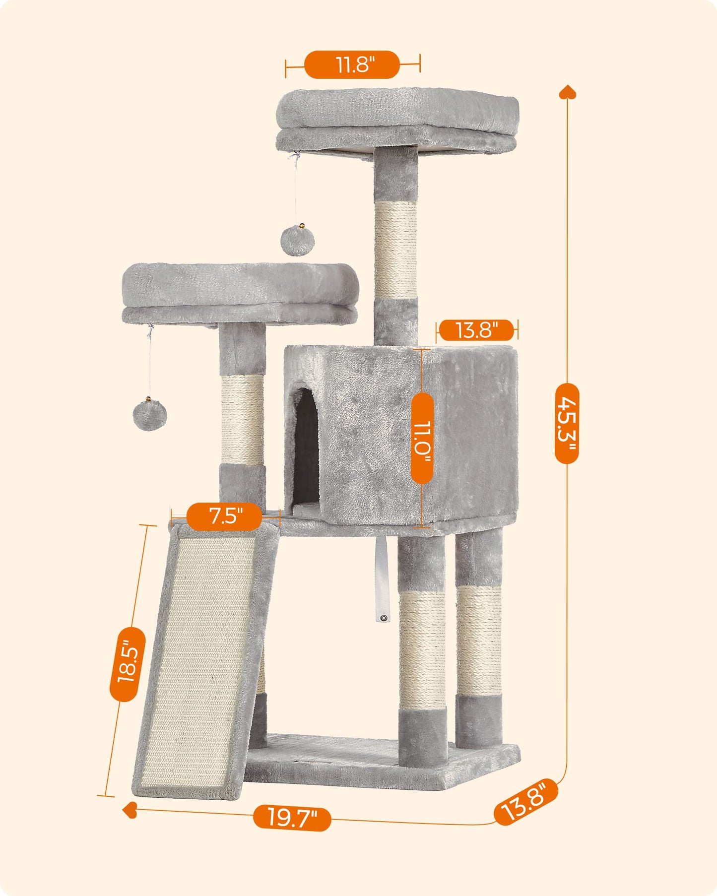 Feandrea Cat Tower, Cat Tree for Indoor Cats, 45.3-Inch Cat Condo with Scratching Post, Ramp, Perch, Spacious Cat Cave, for Kittens, Elderly Cats, Adult Cats, Small Space, Light Gray UPCT141W01