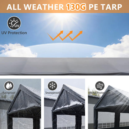 Carport 13x26 FT Heavy Duty Carport Canopy, Reinforced Steel Frame Car Tent Garage with 6 Windows, Waterproof & UV-Resistant Car Shelter, Portable Garage All-Season Tarp for Car/Truck/Boat Grey
