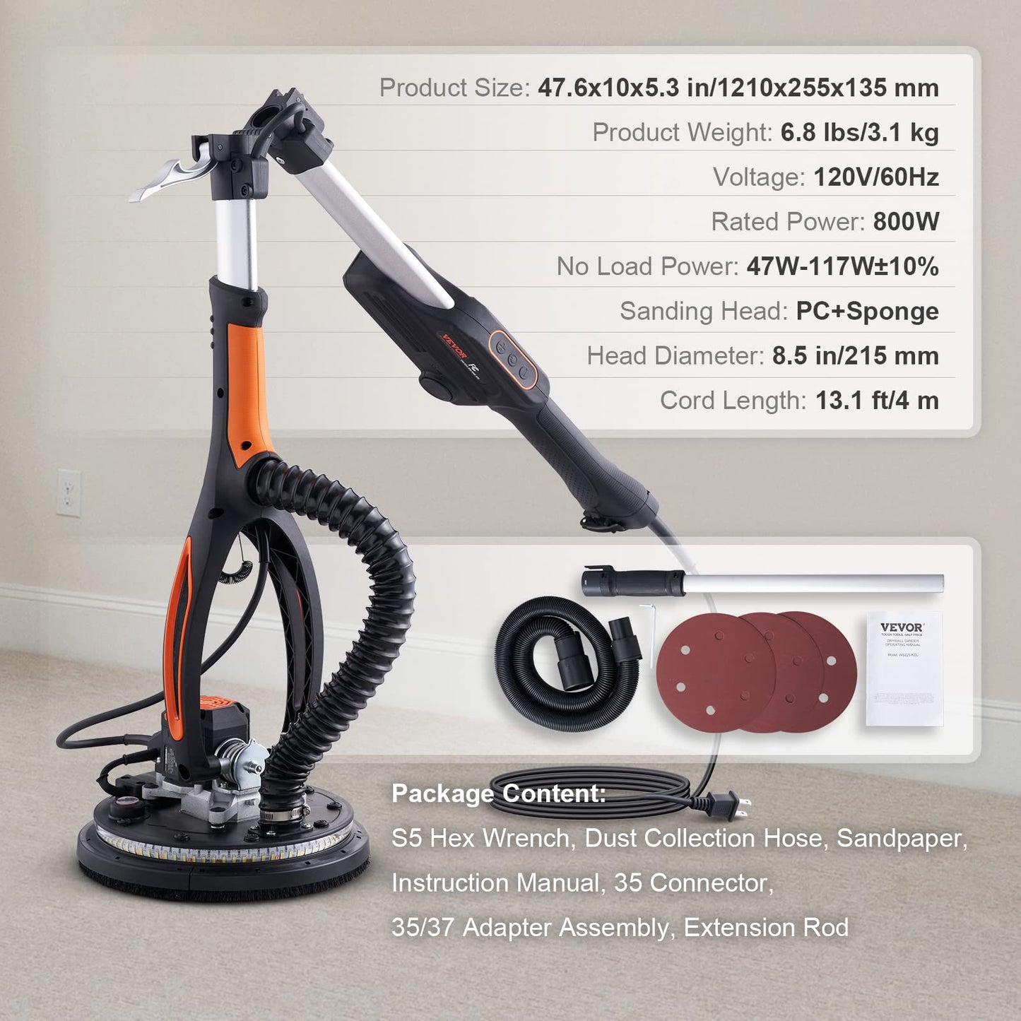 VEVOR Drywall Sander, 800W Brushless Motor Electric Sander, Variable Speed 1000-2300 RPM, Foldable Ceiling Sander with Double-Deck LED Lights, Extendable Handle, 12 Sanding Discs