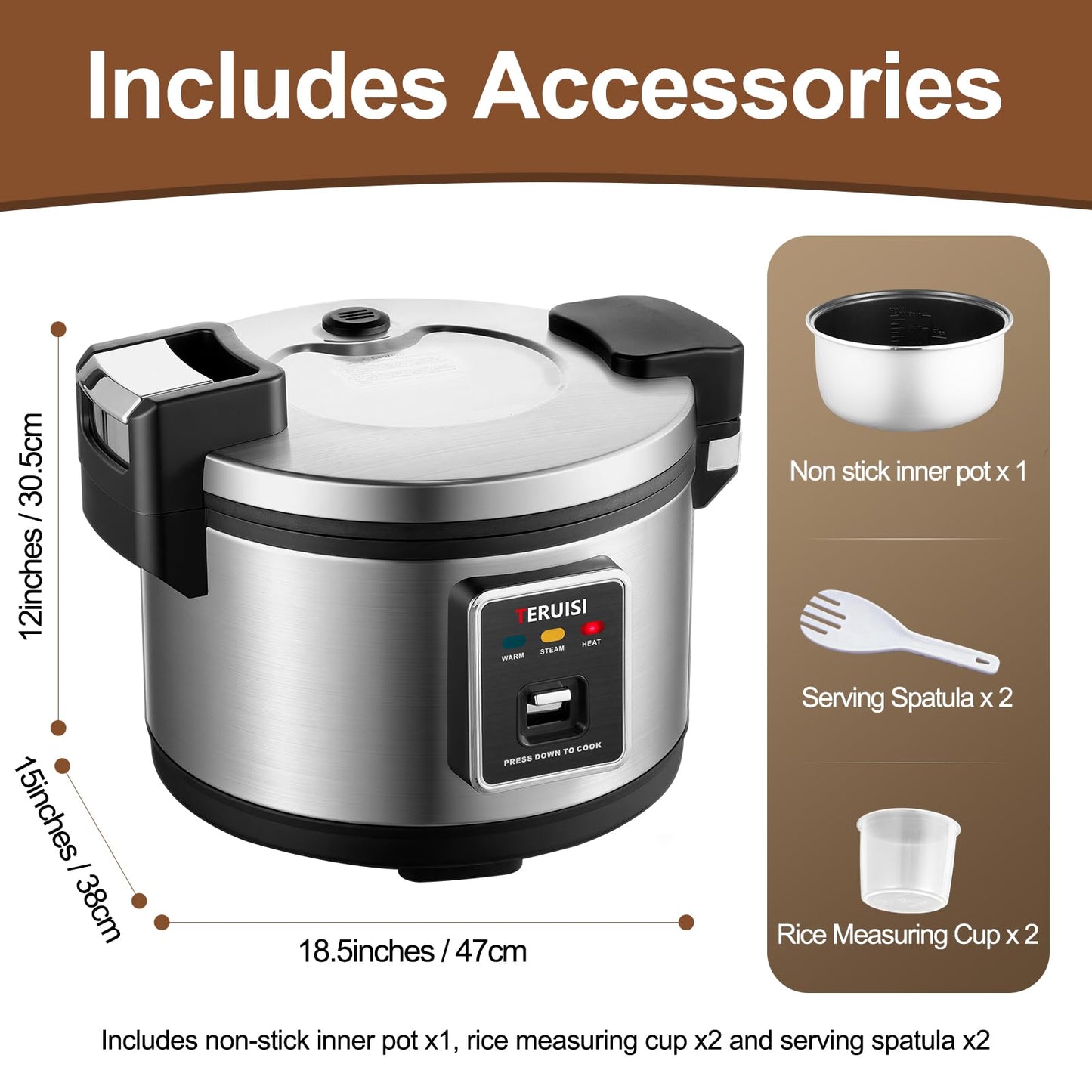 TERUISI Commercial Rice Cooker, 10L/10.6QT Large Rice Cooker & Rice Warmer 50 CUPS Cooked Rice, Fast Cooking Electric Cooker with Auto Keep Warm, Non-stick Inner Pot for 10-20 People Use