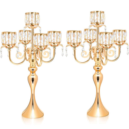 2 Pcs Kehail Gold 5 Arm Pendant Square Crystal Table Decor 22 inch Candle Holder, Classic and Elegant Table Centerpiece Atmosphere Candle Holders for Gift Wedding Party Home Decor
