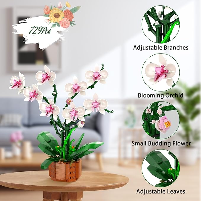 Orchid Flower Building Blocks Set Fake Indoor Flowers Building Set for Home Kitchen Desk Decoration for Adults Ages 18+