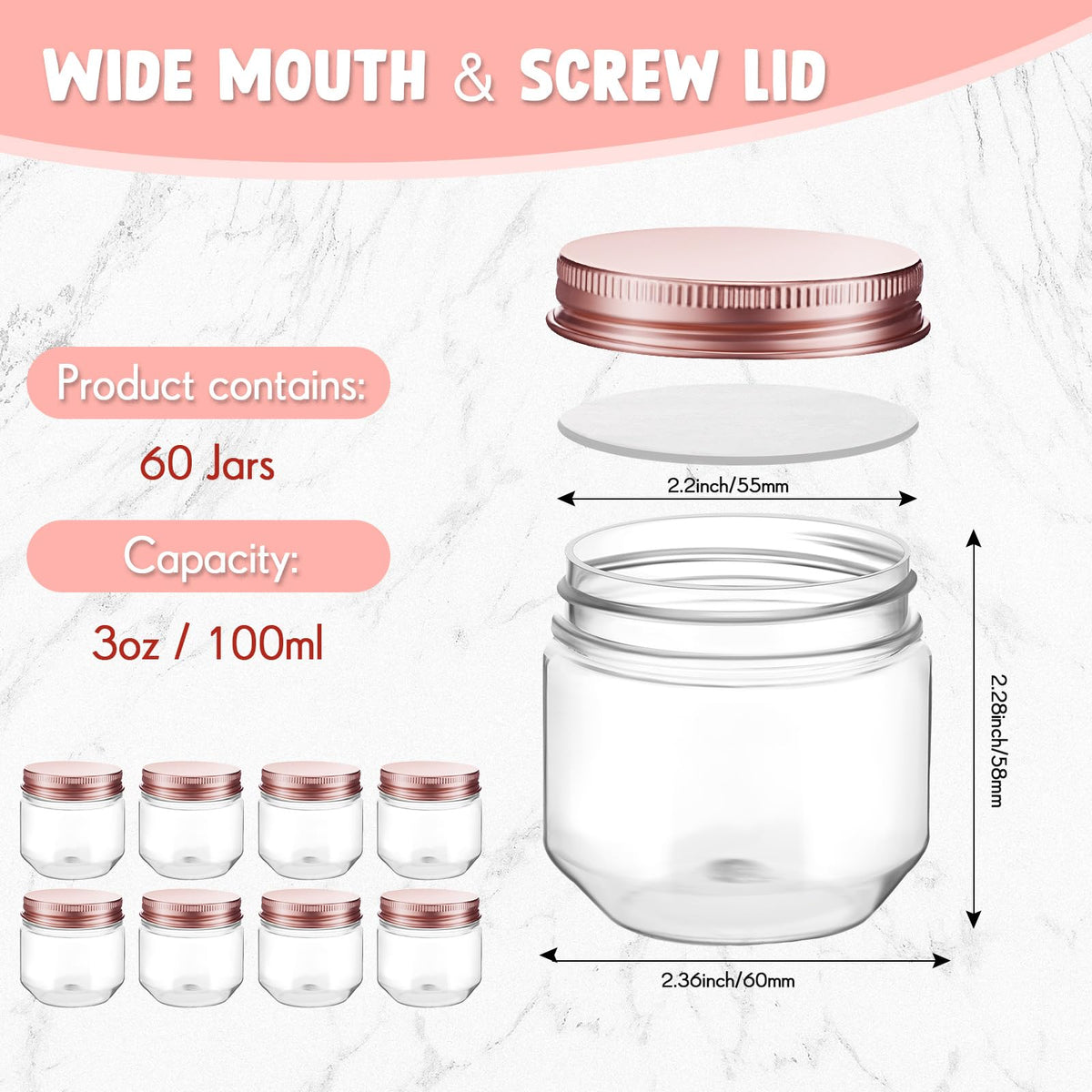 Tanlade 60 Pcs 3 oz Clear Plastic Jars with Lids Wide Mouth Mason Jars Mini Storage Containers Bulk for Herb Jelly Wedding Valentine Favors Shower Party Favors(Rose Gold)