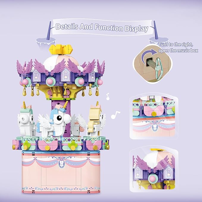 Music Box Building Toys Rotating Carousel DIY Building Block for Girls and Boys 6-12 Years Old 874 pcs STEM Construction Toy Valentine for Adults and Aged 8 9 10 11 12 Kids