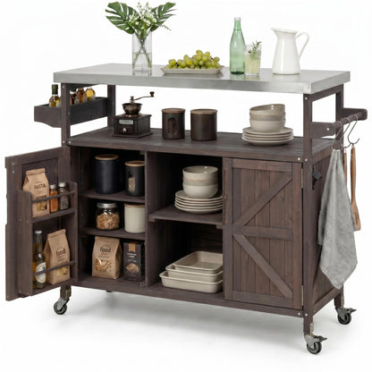 50" Outdoor Grill Cart with Storage Cabinet, Solid Fir Wood BBQ Prep Table with Stainless Steel Top, Rolling Outdoor Serving Cart with Lockable Wheels, Spice Rack & Hooks for Patio, Brown