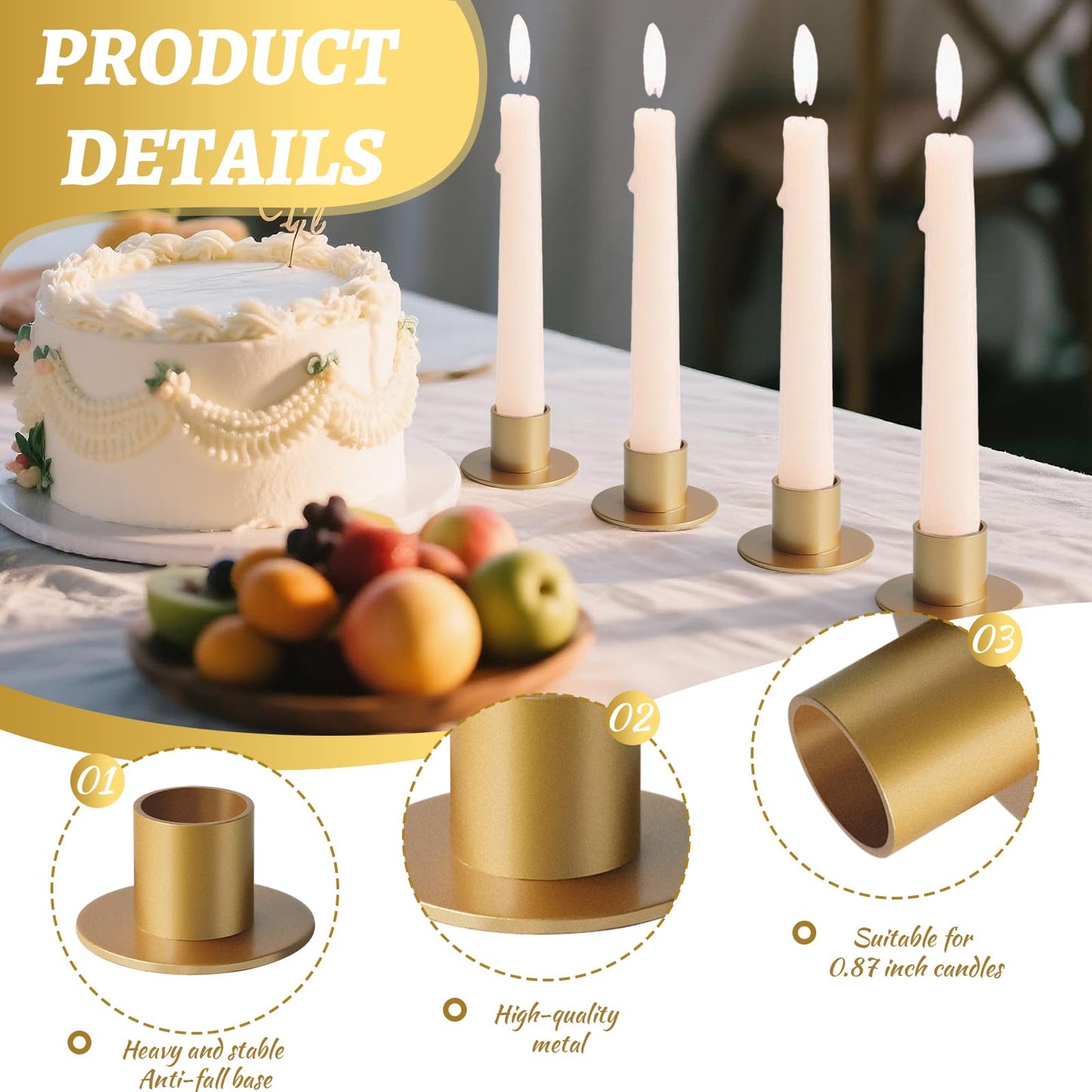 kehail Metal Taper Candle Holders Set - 2"×1" Elegant Candlestick Centerpieces for Table Decor, Wedding, Anniversary, Dinner Party (6, Gold)