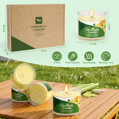 Citronella Candles Outdoor, 12 Pack Citronella Candles, 180 Hours Long Lasting Burn Time, Natural Soy Wax, Indoor & Outdoor Candle for Patio, Camping, Garden, Yard, Balcony, Summer Party, Home