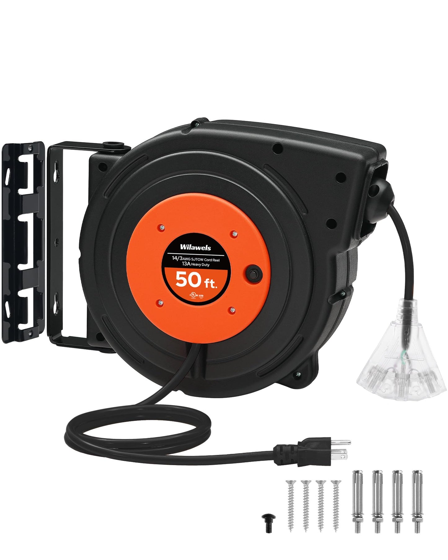 WILAWELS 50 FT 14AWG/3C SJTOW Retractable Extension Cord Reel and 18W 2000LM 25FT LED Work Light Bundle, for Garage, Workshop, Car Repair Scene B50CR06- Y04WL06