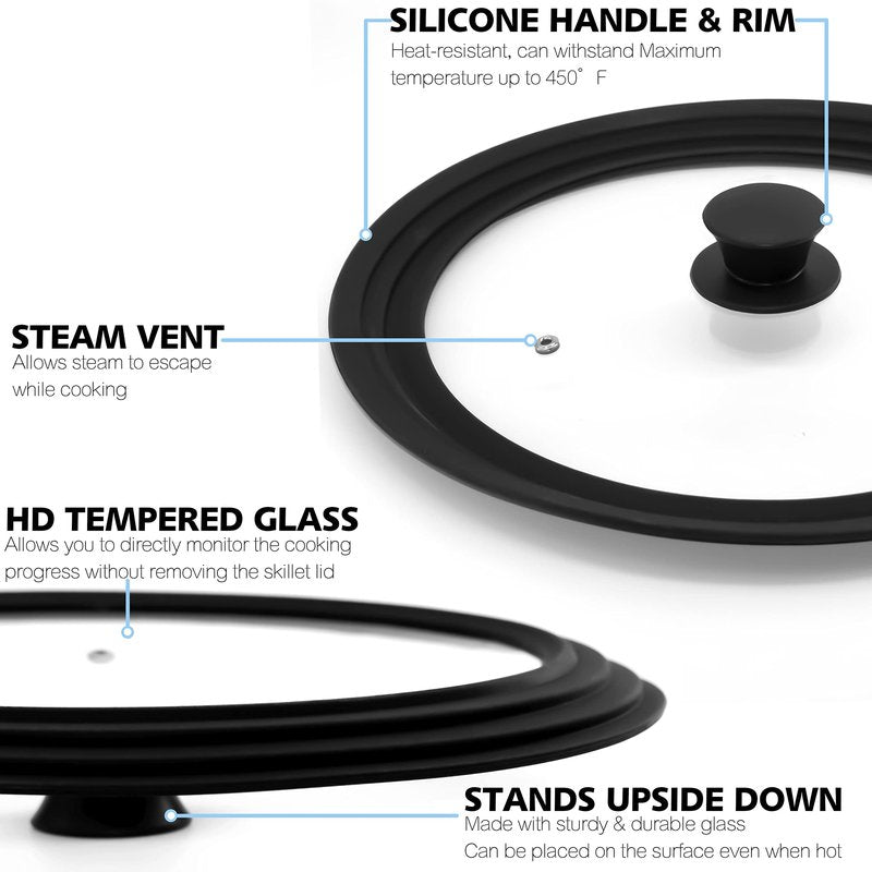 Anaeat Silicone Universal Lid for Pots, Pans and Skillets - Tempered Glass Covered with Heat Resistant Silicone Rim Fits 10", 11" and 12" Diameter Cookware -Easy to Use Replacement Frying Pan Cover