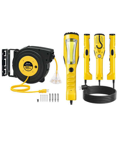 WILAWELS 50 FT 14AWG/3C SJTOW Retractable Extension Cord Reel and 18W 2000LM 15FT LED Work Light Bundle, for Garage, Workshop, Car Repair Scene Y50CR06- Y03WL06