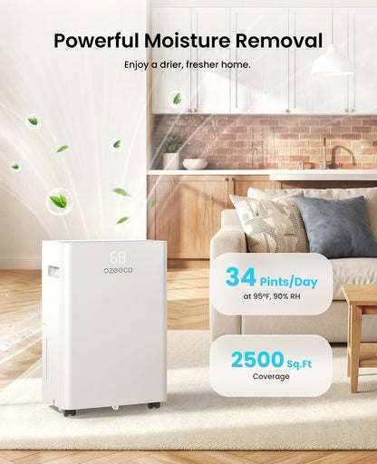34 Pint Dehumidifier for Basement up to 2500 Sq.Ft, ozeeco Home Dehumidifier with Drain Hose, Ionizer, Humidity Control, Ultra Quiet, Child Lock, 24H Timer for Bedroom, Bathroom, RV