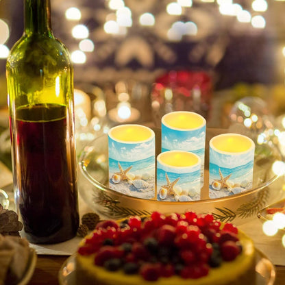 NETILGEN 4 Pcs Flameless Candles with Remote Timer Battery Operated LED Pillar Flickering Candles Beachside Seashell Starfish Print