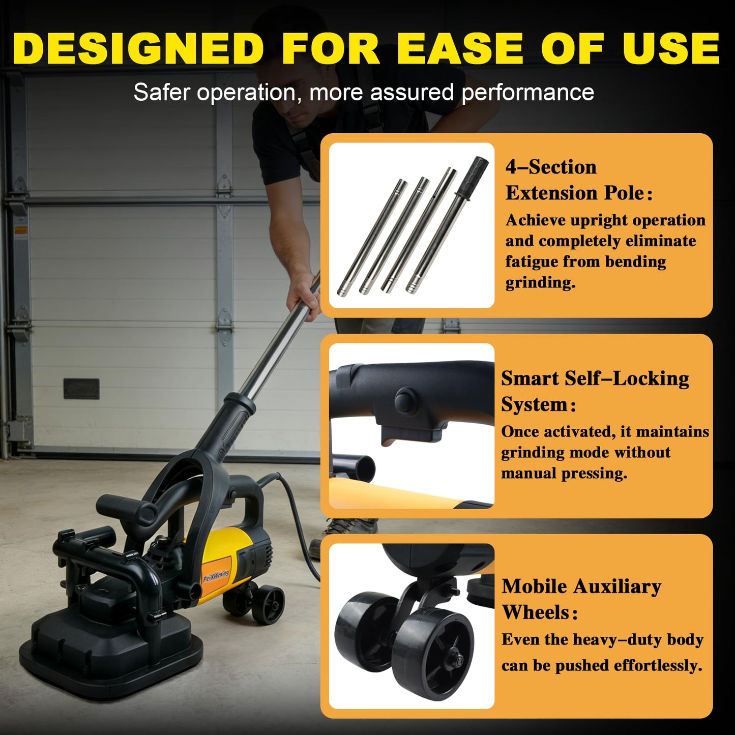 PeiXWming 4-Head Concrete Grinder Set with Long Handle, 4" Concrete Floor Grinder 3800W 0-6000RPM Concrete Surface Planer Dust Extraction Shroud Auxiliary Wheels for Grinding Concrete Cement Marble