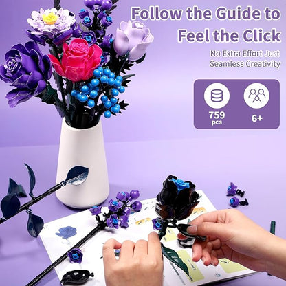 759 Pcs Purple Rose Flower Bouquet Building Set Botanical Collection Kit Artificial Fake Flowers Blocks Home Table Decor Aesthetic for Valentine's Day Birthday DIY Craft Floral Gift Without Vase