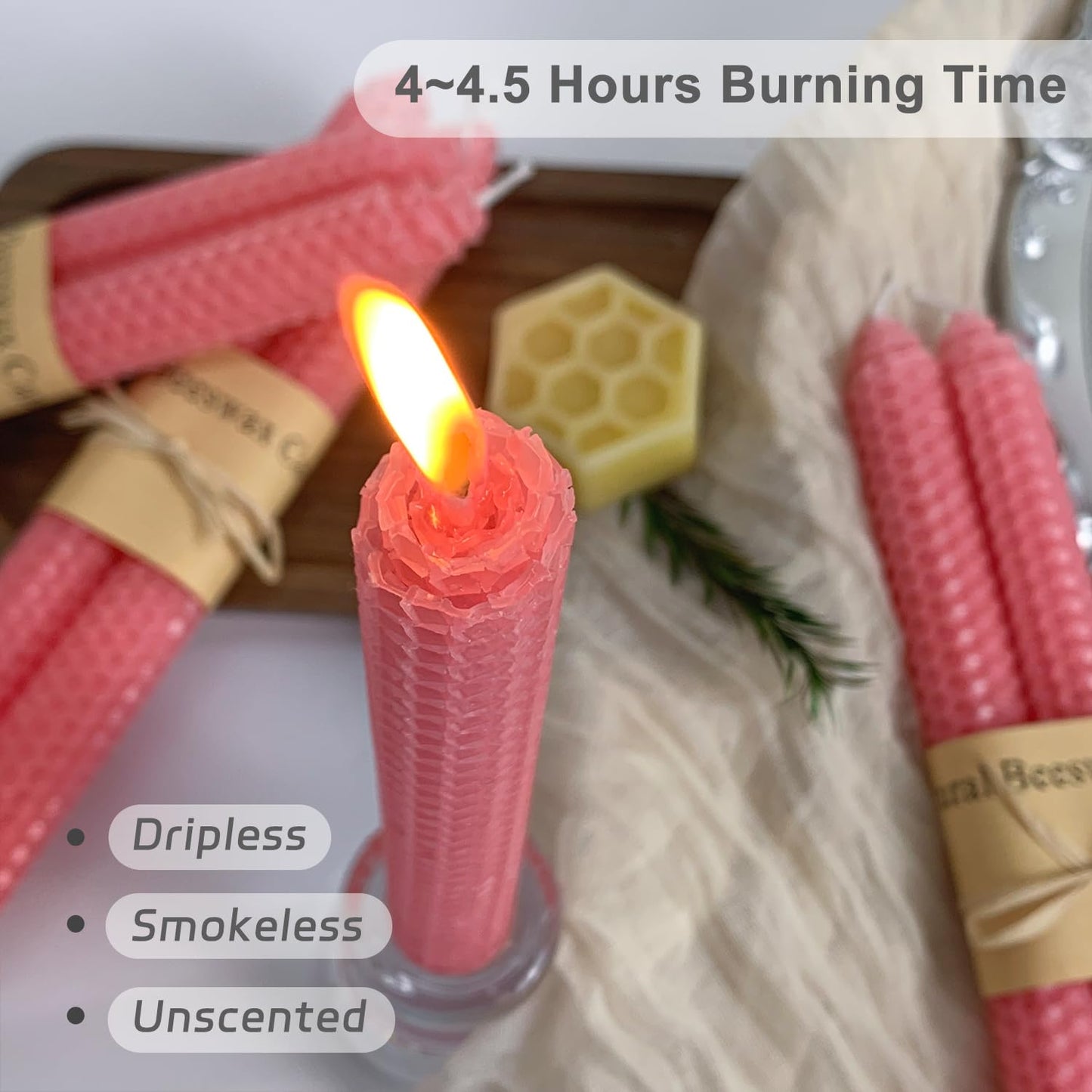 Lacaser Natural Beeswax Taper Candles Bulk Set,9" Long Candlesticks, Dripless & Unscented, 4 Hour Burn Time, Light Pink, 12 Pack