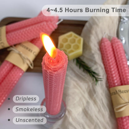 Lacaser Natural Beeswax Taper Candles Bulk Set,9" Long Candlesticks, Dripless & Unscented, 4 Hour Burn Time, Light Pink, 12 Pack