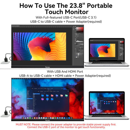 23.8" Portable Touchscreen Monitor 100% sRGB VA FHD 1080P, 4000:1 Contrast, VESA, Built-in Speaker, w/90°Adjustable Stand USB-C HDMI 75Hz External Second Touch Screen Display for Laptop/PC/Phone