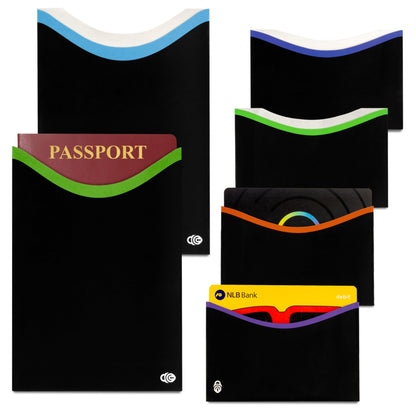 RFID Blocking Credit Card & Passport Sleeves (4 Long Side Credit Card & 2 Passport Protectors) – RFID Blocking Identity Theft Protection, Slim Design – Ideal for Travel and Everyday Use