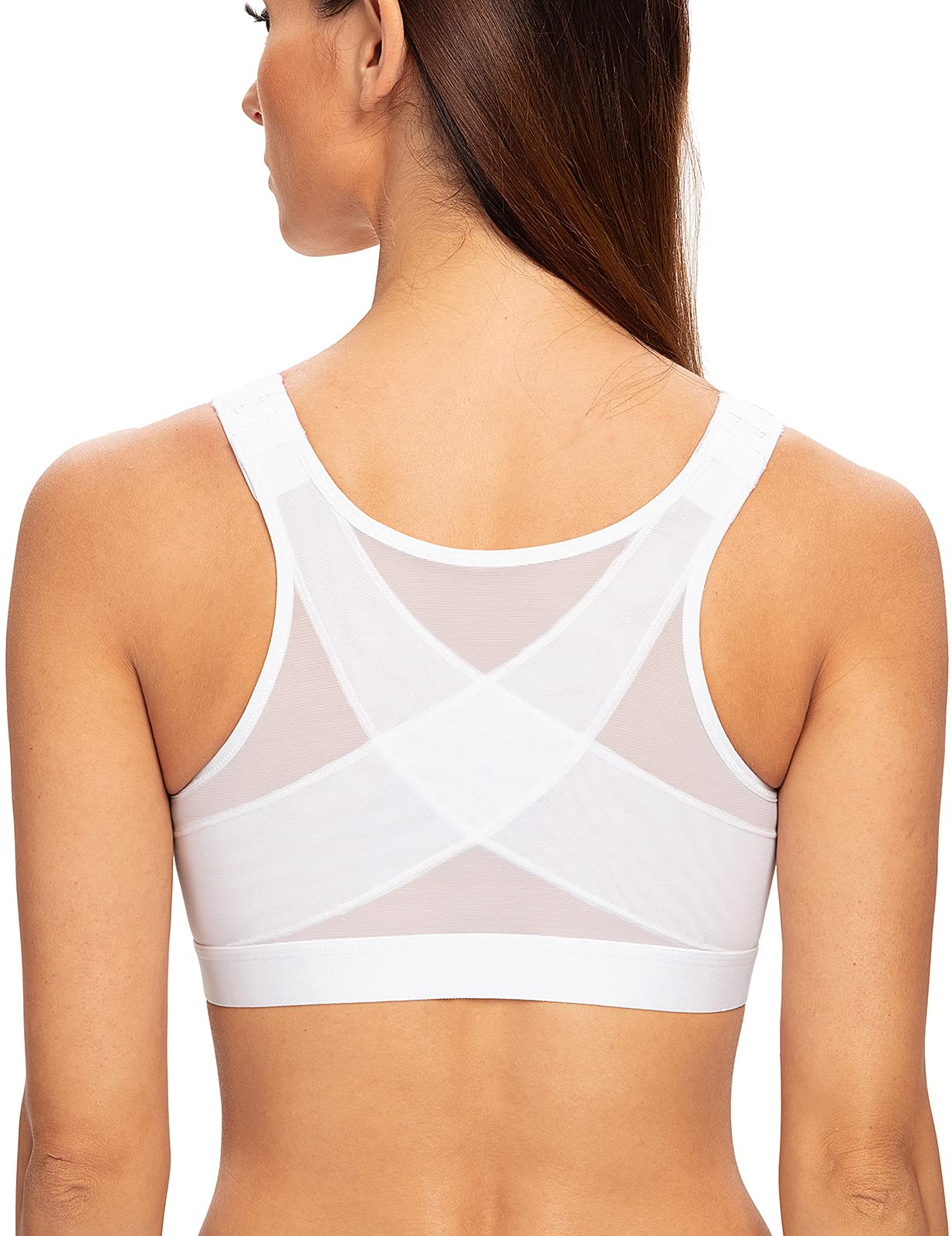 MELENECA Women's Front Closure Wirefree Post Surgery Plus Size Back Support Posture Bra White 40C