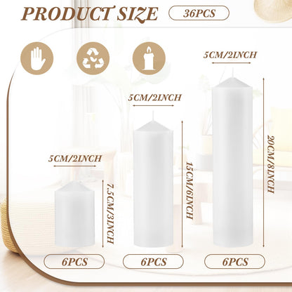 MTLEE 18 Pcs Set of 3 Pillar Candles Bulk 2 in x 3, 6, 8 Long Burning Clean Unscented Smokeless Pillar Candles for Wedding Emergency Lanterns Ceremony Party(Plain White)