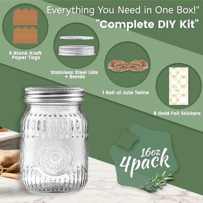 16oz Mason Jars with Airtight Rust-Proof 304 Stainless Steel Lids and Bands, 4 Pack with Elegant Sunflower Embossing, Pint Glass Jars for Meal Prep, Pickling, Overnight Oats, Dry Food & DIY Crafts