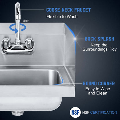 Profeeshaw Commercial Hand Sink with Side Splash Guards, Wall Mount Utility Sink, 304 Stainless Steel Wash Basin with Gooseneck Faucet and Drain Basket for Restaurant and Bar, 17 x 15 Inch