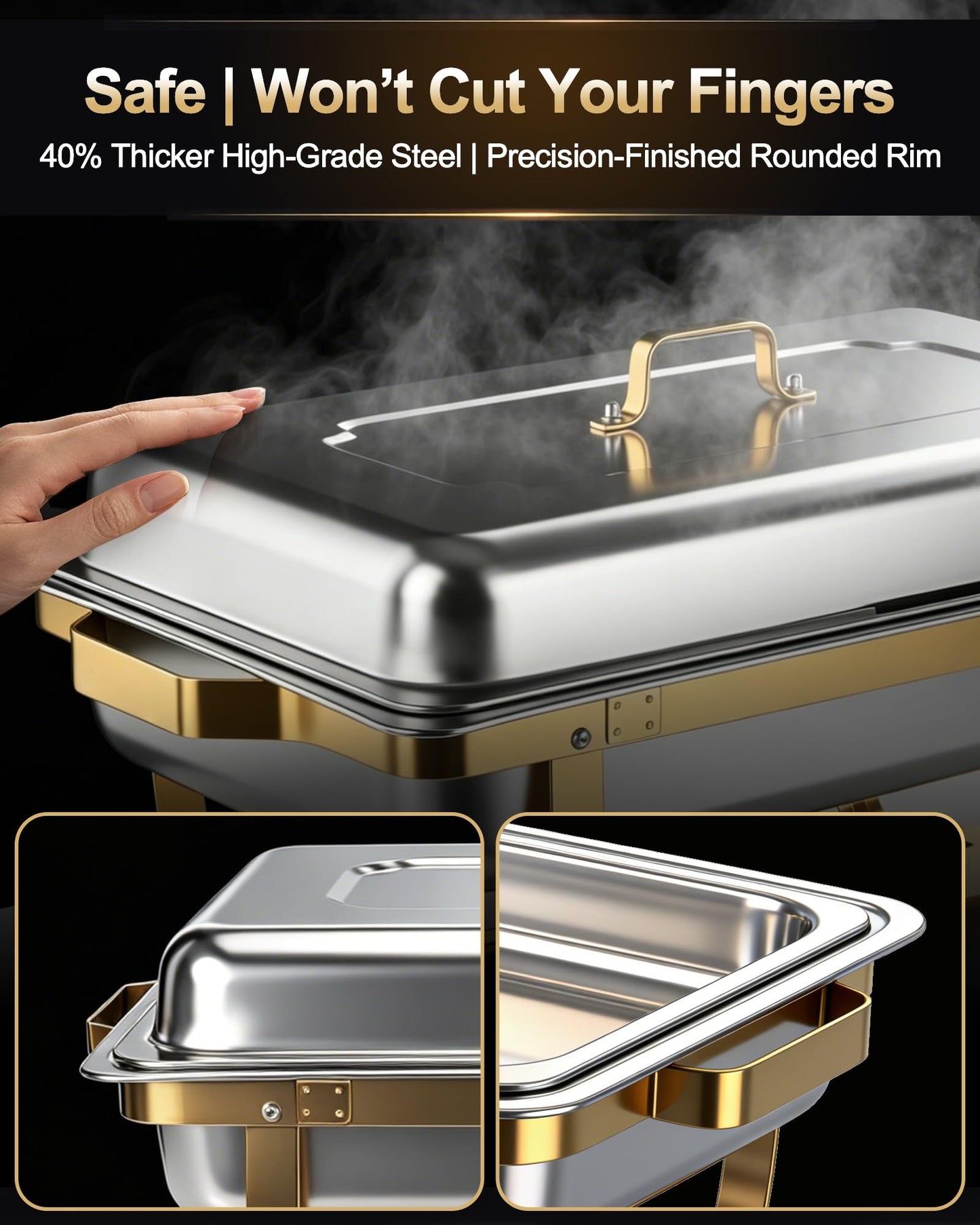 Chafing Dishes for Buffet, 4 Pack 9 QT Rectangular Stainless Steel Catering Chafer with Lids, Buffet Servers and Warmers, Food Warmers for Parties Buffet, Home, Wedding, Christmas Gatherings, (Golden)