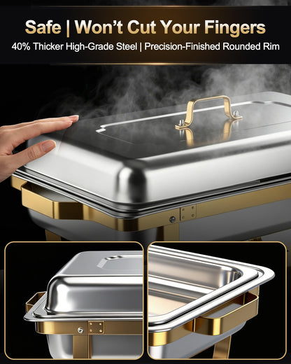 Chafing Dishes for Buffet, 4 Pack 9 QT Rectangular Stainless Steel Catering Chafer with Lids, Buffet Servers and Warmers, Food Warmers for Parties Buffet, Home, Wedding, Christmas Gatherings, (Golden)
