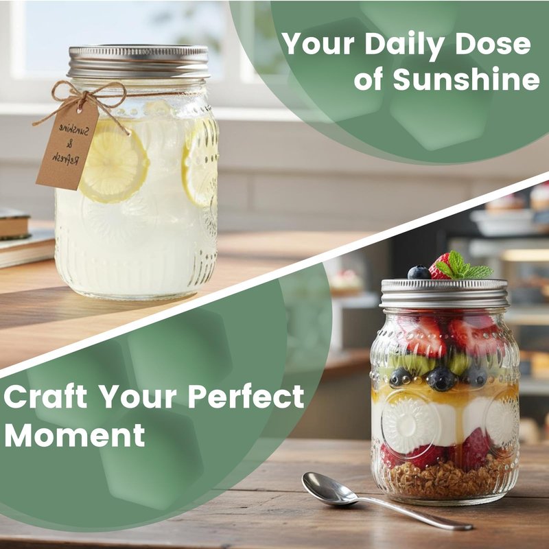 16oz Mason Jars with Airtight Rust-Proof 304 Stainless Steel Lids and Bands, 4 Pack with Elegant Sunflower Embossing, Pint Glass Jars for Meal Prep, Pickling, Overnight Oats, Dry Food & DIY Crafts