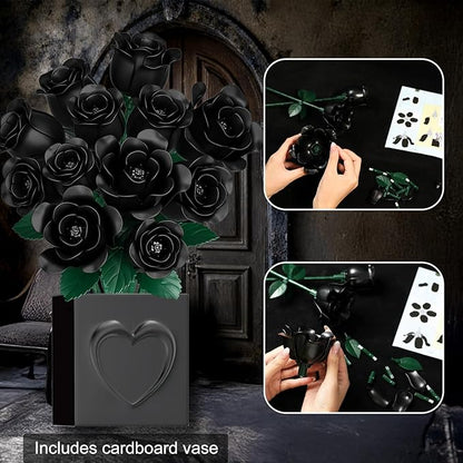 Black Rose Bouquet Building Set Rotatable Control for Flowering Flowers Botanical Christmas Valentine's Day Gifts for Adults - Gothic Home Office Table Bookshelf Decor