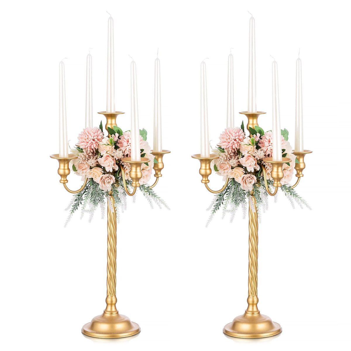 Romadedi Candelabra Gold Candle Stand: 21'' Tall 5-Branch Candlestick Holder for Wedding Centerpiece Decor Christmas Holiday Event Reception Decoration, Set of 2