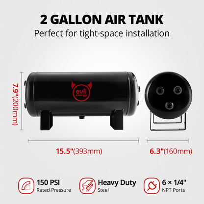 EVIL ENERGY 2 Gallon Air Tank and Compressor Kit 6 Ports 1/4" NPT 150PSI Rated 12V Compressor Air Tank for Air Horn, Inflating Tires, Car, Truck, Suspension Systems, Train Horn, DIY Pneumatic Tools