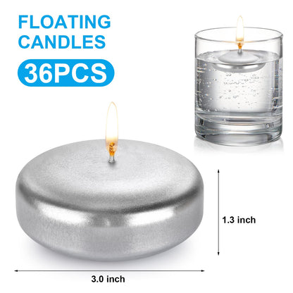 Baikaraer Floating Candles 3 Inch Unscented Dripless Wax 13-15Hours Burning,36Pack Wedding Party Candles,for Centerpieces Suitable for Cylindrical Vases,Swimming Pool,Restaurant Decor (Silver)