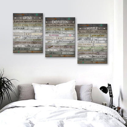 PSYYSP 3 Piece Canvas Wall Art Grind Execution Hustle Posters, Rustic Motivational Triptych Wall Decor for Office, Bedroom, Dorm, Business Workspace, Framed Canvas 36x16inch