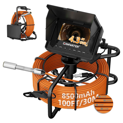 Sewer Camera 100FT/30M,Pipe Inspection Camera DVR & Audio Recorder,18MM Borescopes Plumbing Snake with 8500mAh Battery 4.3" IPS Screen, 8 LEDs HD 1000TVL, Included 32GB Card
